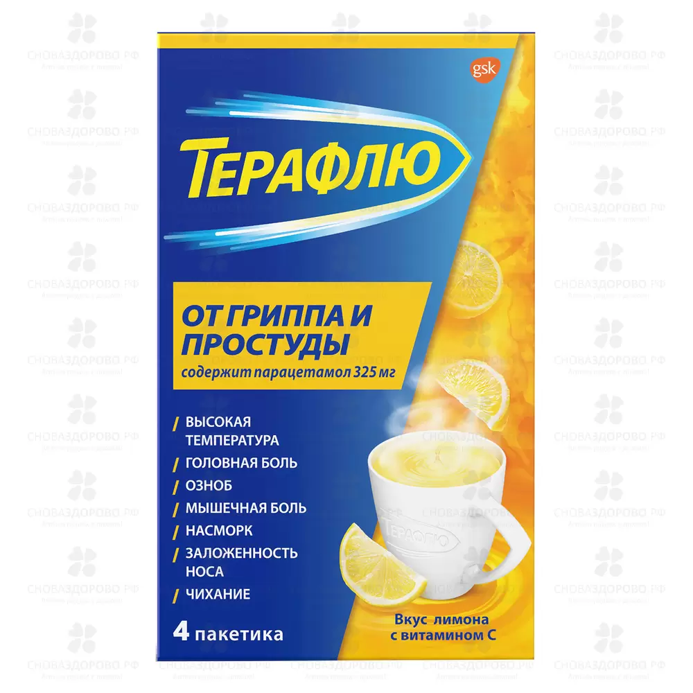 ТераФлю от гриппа и простуды порошок для приготовления раствора для приема внутрь 22,1г пакетики №4 (лимон) ✅ 19327/06101 | Сноваздорово.рф
